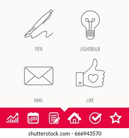 Mail, heart and lightbulb icons. Pen linear sign. Edit document, Calendar and Graph chart signs. Star, Check and House web icons. Vector