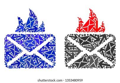 Mail hot mail icon collage of envelopes and arrows with blue color. Abstract vector hot mail illustration is organized from mail pathways symbols. Flat design for correspondence pathways templates.