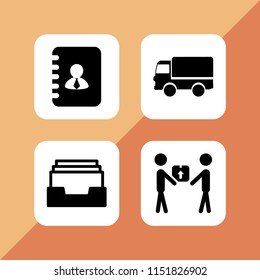 mail icon. 4 mail set with address, inbox, deliver and delivery worker giving a box to a receiver vector icons for web and mobile app