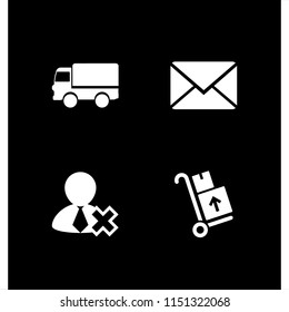 mail icon. 4 mail set with close envelope, deliver, contact and delivery packages on a trolley vector icons for web and mobile app