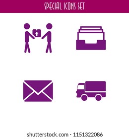 mail icon. 4 mail set with delivery worker giving a box to a receiver, close envelope, inbox and deliver vector icons for web and mobile app