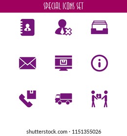 mail icon. 9 mail set with information circular button symbol, shipping and delivery, delivery worker giving a box to a receiver and address vector icons for web and mobile app