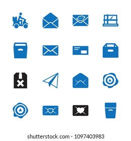 Mail icon. collection of 16 mail filled icons such as parcel, paper airplane, box, arrow up, courier on motorcycle, love letter. editable mail icons for web and mobile.