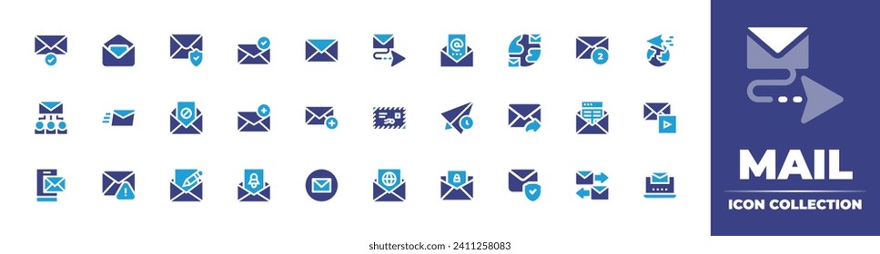 Mail icon collection. Duotone color. Vector and transparent illustration. Containing mail, envelope, connectivity, express, add mail, send email, message, email, secure mail, spam, correspondence.