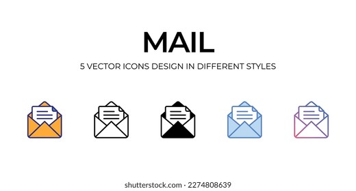 diseño de iconos de correo en estilo Cinco con barra de trabajo editable. Línea, Sólido, Línea plana, Color de tono Duo y Línea de degradado de color. Adecuado para diseño de páginas Web, aplicaciones móviles, UI, UX y GUI.