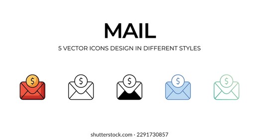 Mail Icon Design in Five style with Editable Stroke. Line, Solid, Flat Line, Duo Tone Color, and Color Gradient Line. Suitable for Web Page, Mobile App, UI, UX and GUI design.