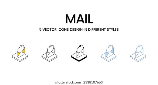 Mail Icon Design in Five style with Editable Stroke. Line, Solid, Flat Line, Duo Tone Color, and Color Gradient Line. Suitable for Web Page, Mobile App, UI, UX and GUI design.