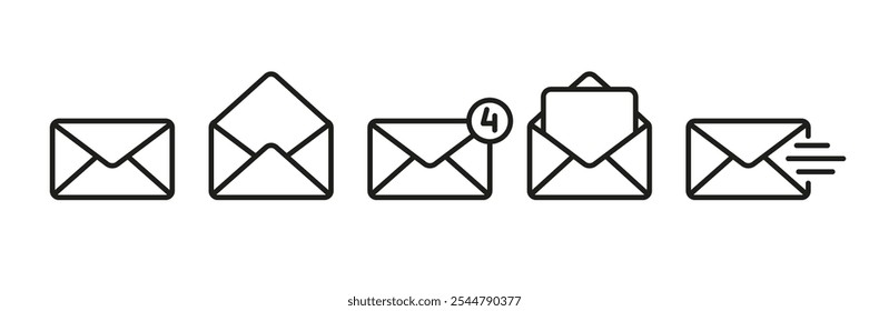 Mail icon. Email sign. Envelope vector set. Send message sign. Received message. Isolated mail icon. Open envelope symbol. Post letter set.