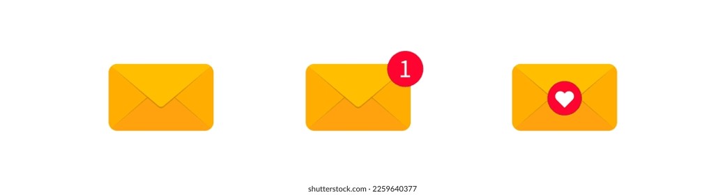 Mail icon. Email symbol. Realistic letter signs. Message symbols. Envelope icons. Yellow and orange color. Vector isolated sign.