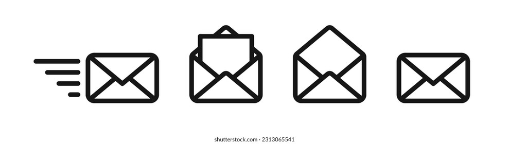 Icono de correo. Símbolo de correo electrónico. Enviar signos de carta. Abrir símbolos de mensaje. Iconos del boletín. Color negro. Signo aislado del vector.