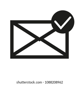 Mail icon, envelope with accept sign. Flat design vector illustration.Black on white background