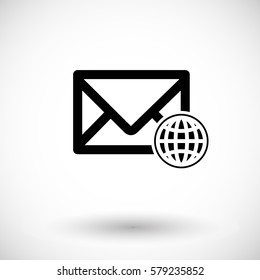 Mail icon, envelope with globe sign. Flat design vector illustration with round shadow