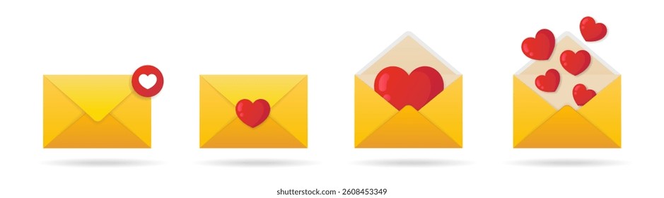 Mail icon. Mail envelope icon set with flying hearts and marker new message isolated on transparent background. Happy valentine day message in love concept