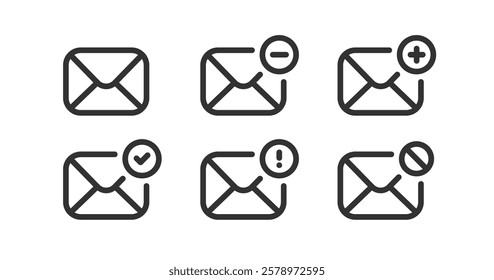 Mail icon. Envelope sign. Send letter message. Email plus, minus, block, check mark.