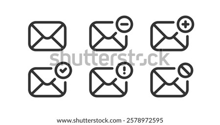 Mail icon. Envelope sign. Send letter message. Email plus, minus, block, check mark.