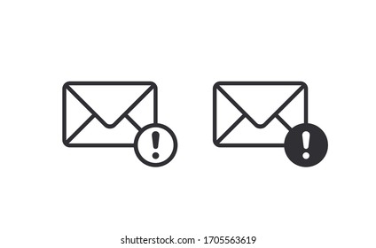 Mail icon. Envelope sign. Vector Illustration. Email icon. Letter icon. Spam icon. Exclamation point. Mailbox. Contact form. Email notification. Logo template. Alert message. Important message.
