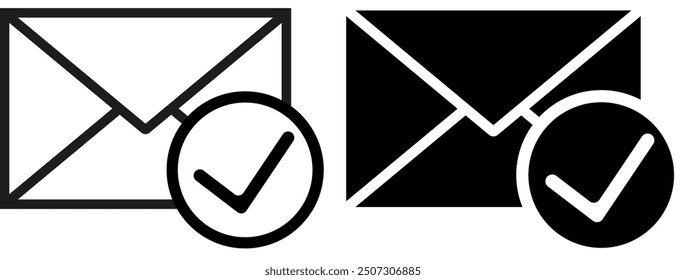 Mail icon. Envelope sign. Vector Illustration. Email icon. Letter icon. Email notification. Contact form. Sign of voting. Sign of choice. Checkbox. Checkmark OK. Symbols YES. Verified mail.