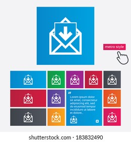 Mail icon. Envelope symbol. Inbox message sign. Mail navigation button. Metro style buttons. Modern interface website buttons with hand cursor pointer. Vector