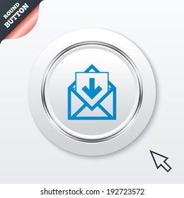 Mail icon. Envelope symbol. Inbox message sign. Mail navigation button. White button with metallic line. Modern UI website button with mouse cursor pointer. Vector