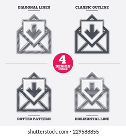 Mail icon. Envelope symbol. Inbox message sign. Mail navigation button. Diagonal and horizontal lines, classic outline, dotted texture. Pattern design icons.  Vector