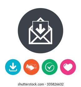 Mail icon. Envelope symbol. Inbox message sign. Mail navigation button. Download arrow, handshake, tick and heart. Flat circle buttons.