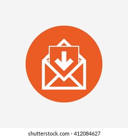 Mail icon. Envelope symbol. Inbox message sign. Mail navigation button. Orange circle button with icon. Vector