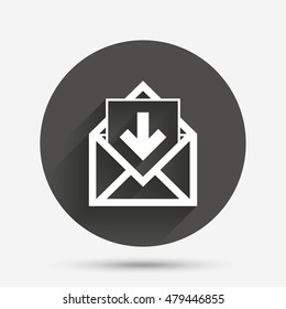 Mail icon. Envelope symbol. Inbox message sign. Mail navigation button. Circle flat button with shadow. Vector
