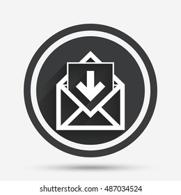 Mail icon. Envelope symbol. Inbox message sign. Mail navigation button. Circle flat button with shadow and border. Vector