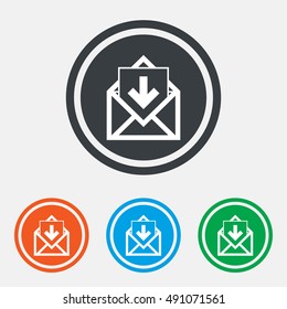 Mail icon. Envelope symbol. Inbox message sign. Mail navigation button. Graphic design web element. Flat mail message symbol on the round button. Vector
