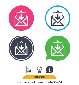 Mail icon. Envelope symbol. Inbox message sign. Mail navigation button. Report document, information sign and light bulb icons. Vector