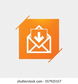 Mail icon. Envelope symbol. Inbox message sign. Mail navigation button. Orange square label on pattern. Vector