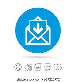 Mail icon. Envelope symbol. Inbox message sign. Mail navigation button. Copy files, chat speech bubble and chart web icons. Vector