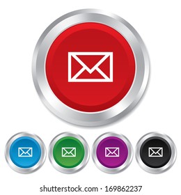 Mail icon. Envelope symbol. Message sign. Mail navigation button. Round metallic buttons. Vector