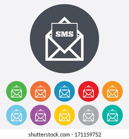 Mail icon. Envelope symbol. Message sms sign. Mail navigation button. Round colourful 11 buttons. Vector