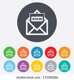 Mail icon. Envelope symbol. Message spam sign. Mail navigation button. Round colourful 11 buttons. Vector
