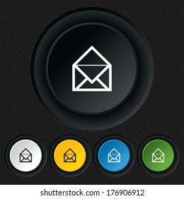 Mail icon. Envelope symbol. Message sign. Mail navigation button. Round colourful buttons on black texture. Vector