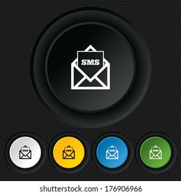Mail icon. Envelope symbol. Message sms sign. Mail navigation button. Round colourful buttons on black texture. Vector