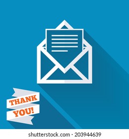 Mail icon. Envelope symbol. Message sign. Mail navigation button. White flat icon with long shadow. Paper ribbon label with Thank you text. Vector
