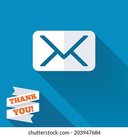 Mail icon. Envelope symbol. Message sign. Mail navigation button. White flat icon with long shadow. Paper ribbon label with Thank you text. Vector