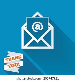 Mail icon. Envelope symbol. Message at sign. Mail navigation button. White flat icon with long shadow. Paper ribbon label with Thank you text. Vector