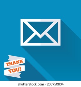 Mail icon. Envelope symbol. Message sign. Mail navigation button. White flat icon with long shadow. Paper ribbon label with Thank you text. Vector
