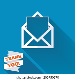 Mail icon. Envelope symbol. Message sign. Mail navigation button. White flat icon with long shadow. Paper ribbon label with Thank you text. Vector