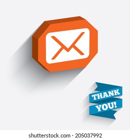 Mail icon. Envelope symbol. Message sign. Mail navigation button. White icon on orange 3D piece of wall. Carved in stone with long flat shadow. Vector