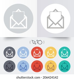 Mail icon. Envelope symbol. Message sign. Mail navigation button. Round 12 circle buttons. Shadow. Hand cursor pointer. Vector