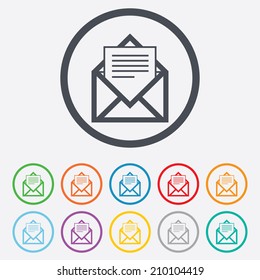 Mail icon. Envelope symbol. Message sign. Mail navigation button. Round circle buttons with frame. Vector