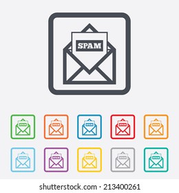 Mail icon. Envelope symbol. Message spam sign. Mail navigation button. Round squares buttons with frame. Vector