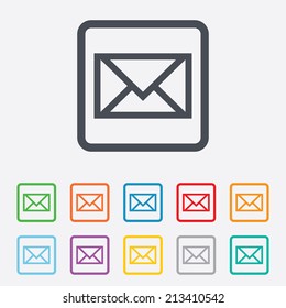 Mail icon. Envelope symbol. Message sign. Mail navigation button. Round squares buttons with frame. Vector