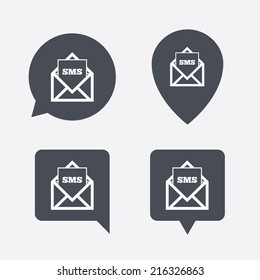 Mail icon. Envelope symbol. Message sms sign. Mail navigation button. Map pointers information buttons. Speech bubbles with icons. Vector