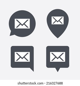 Mail icon. Envelope symbol. Message sign. Mail navigation button. Map pointers information buttons. Speech bubbles with icons. Vector
