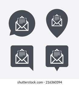 Mail icon. Envelope symbol. Message sign. Mail navigation button. Map pointers information buttons. Speech bubbles with icons. Vector